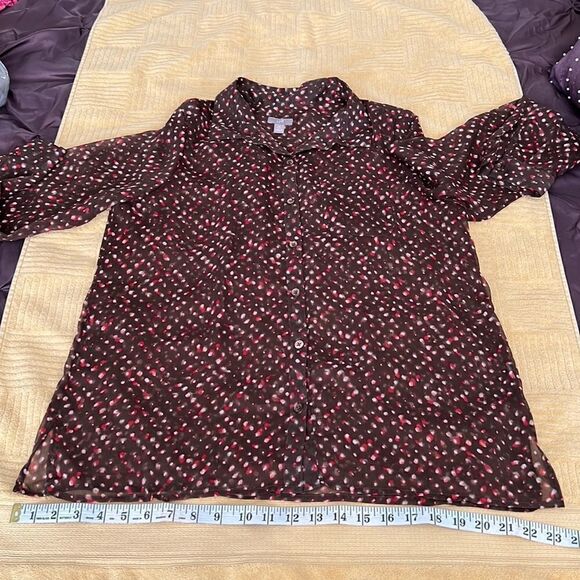 J Jill LS sheer blouse brown w/ red white print GUC last picture shows colors - Picture 6 of 16